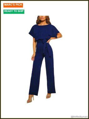 Women's Short Sleeve Belted Wide Leg Jumpsuit Long Pant Romper